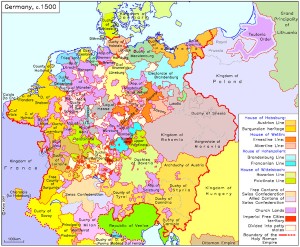 Carta della Germania nel XVI sec. Per tutto il medioevo e fino all'avvento di Hitler la Germania si trovò essenzialmente frammentata in regioni in contrasto tra loro.